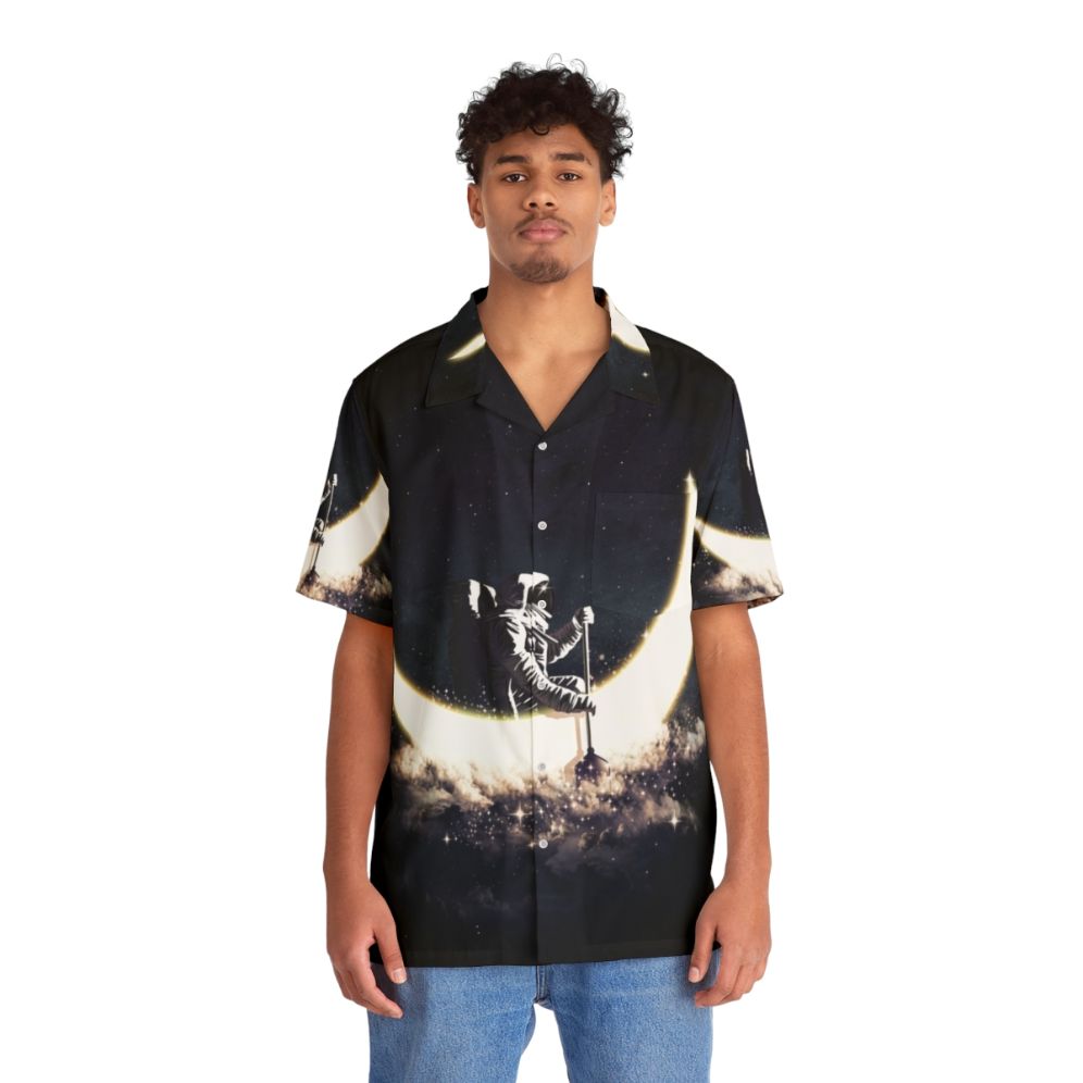 Cosmic Sailing Hawaiian Shirt with Astronaut, Moon, and Stars Design - People Front