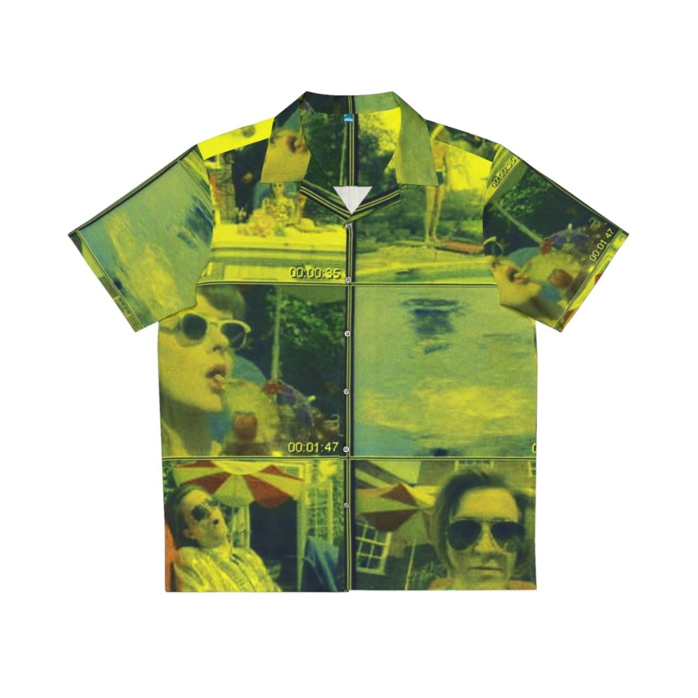 Colorful Hawaiian shirt featuring a graphic of a hot dog and a jumping frog in Albuquerque