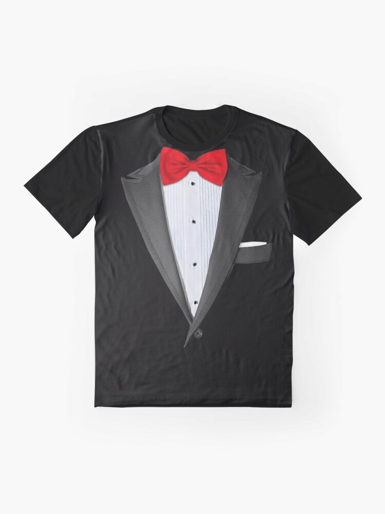 Realistic tuxedo graphic t-shirt for men, featuring a detailed tuxedo design. - Flat lay