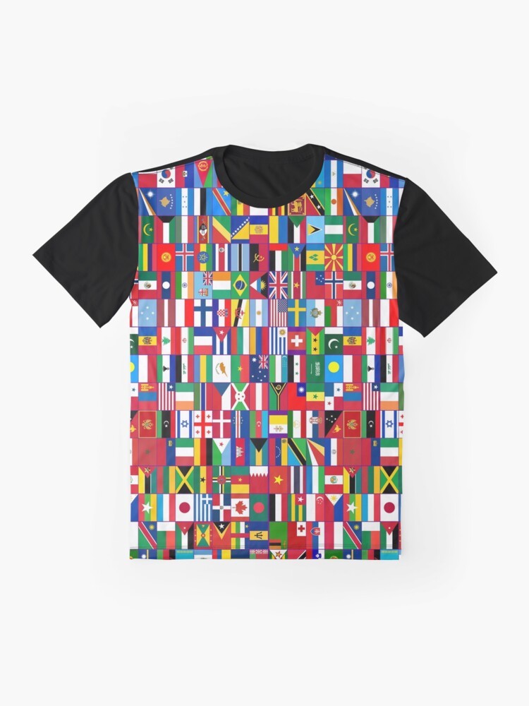 Colorful graphic t-shirt featuring flags of the world, symbolizing global unity and tolerance. - Flat lay