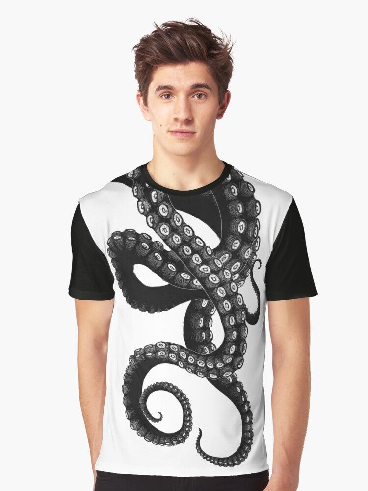 Graphic t-shirt design featuring a Kraken, a mythical sea creature with tentacles - Men