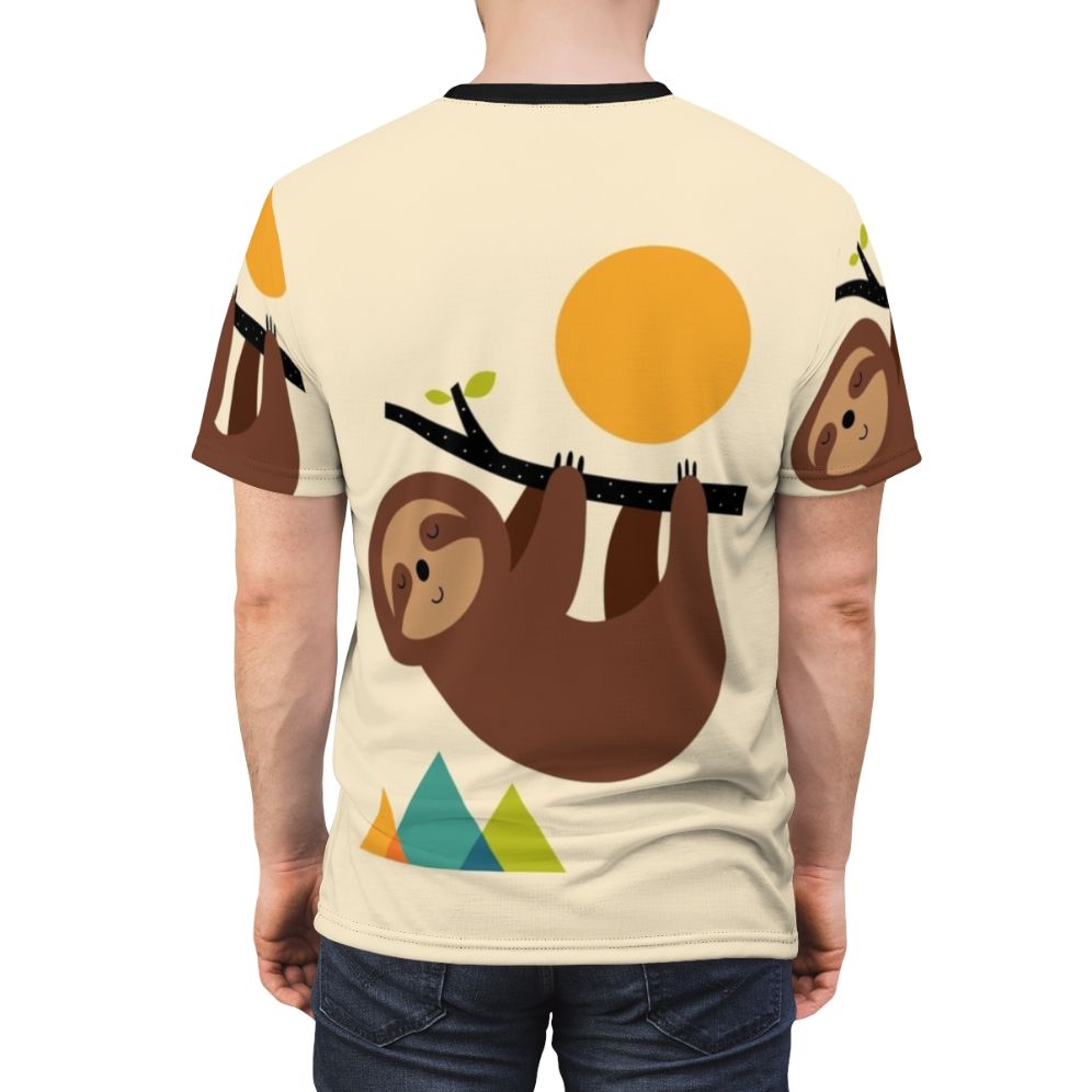 Sloth themed t-shirt with a nature landscape design - men back