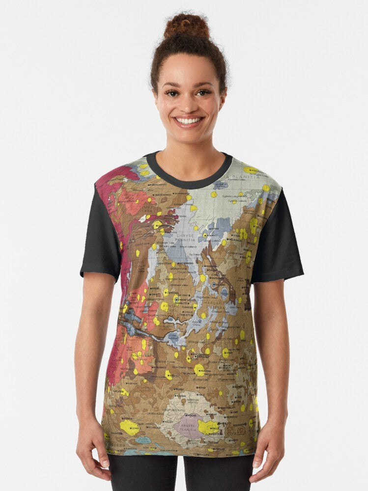 Graphic t-shirt design featuring a map of the geology of Mars, including information about the planet's surface features and terrain. - Women