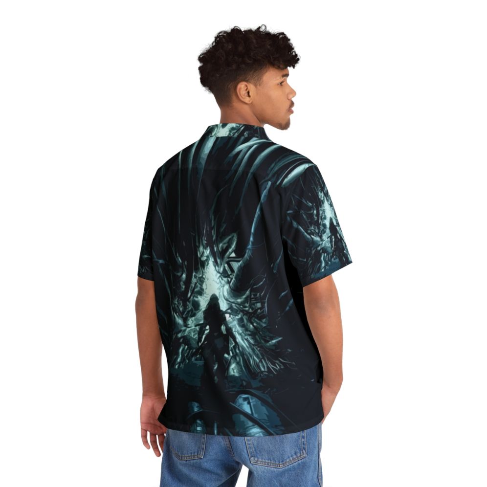 Horizon Zero Dawn inspired Hawaiian shirt featuring robotic and sci-fi elements - People Back