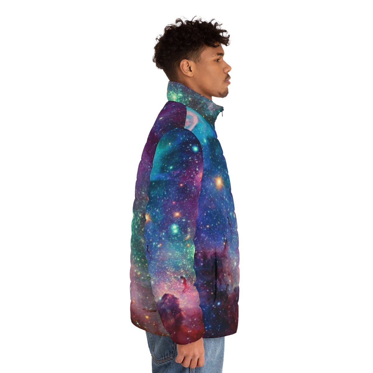 Galaxy puffer jacket with cosmic pattern and celestial design - men side right