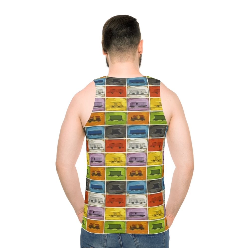 Retro gaming unisex tank top with Ticket to Ride the Trains design - men back