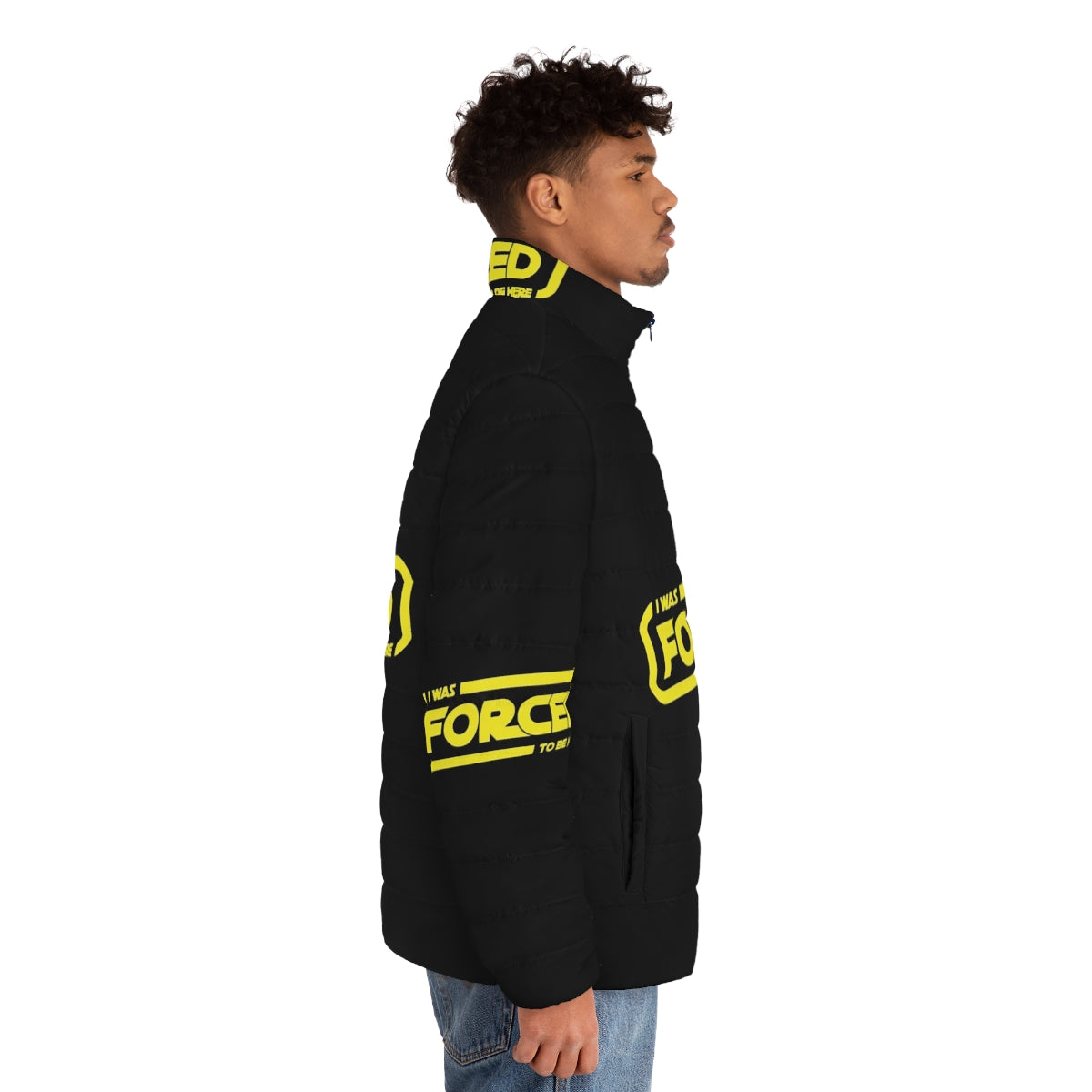 Star Wars-themed puffer jacket with "I Was Forced To Be Here" design - men side right