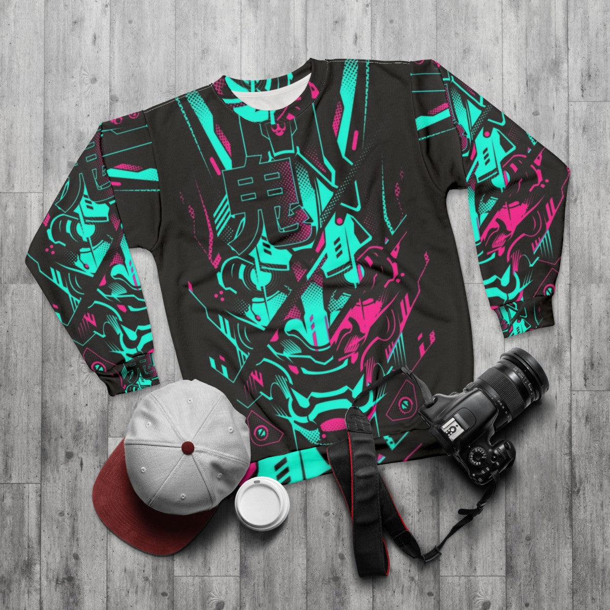 Oni Glitch Neon Cyberpunk Sweatshirt - flat lay