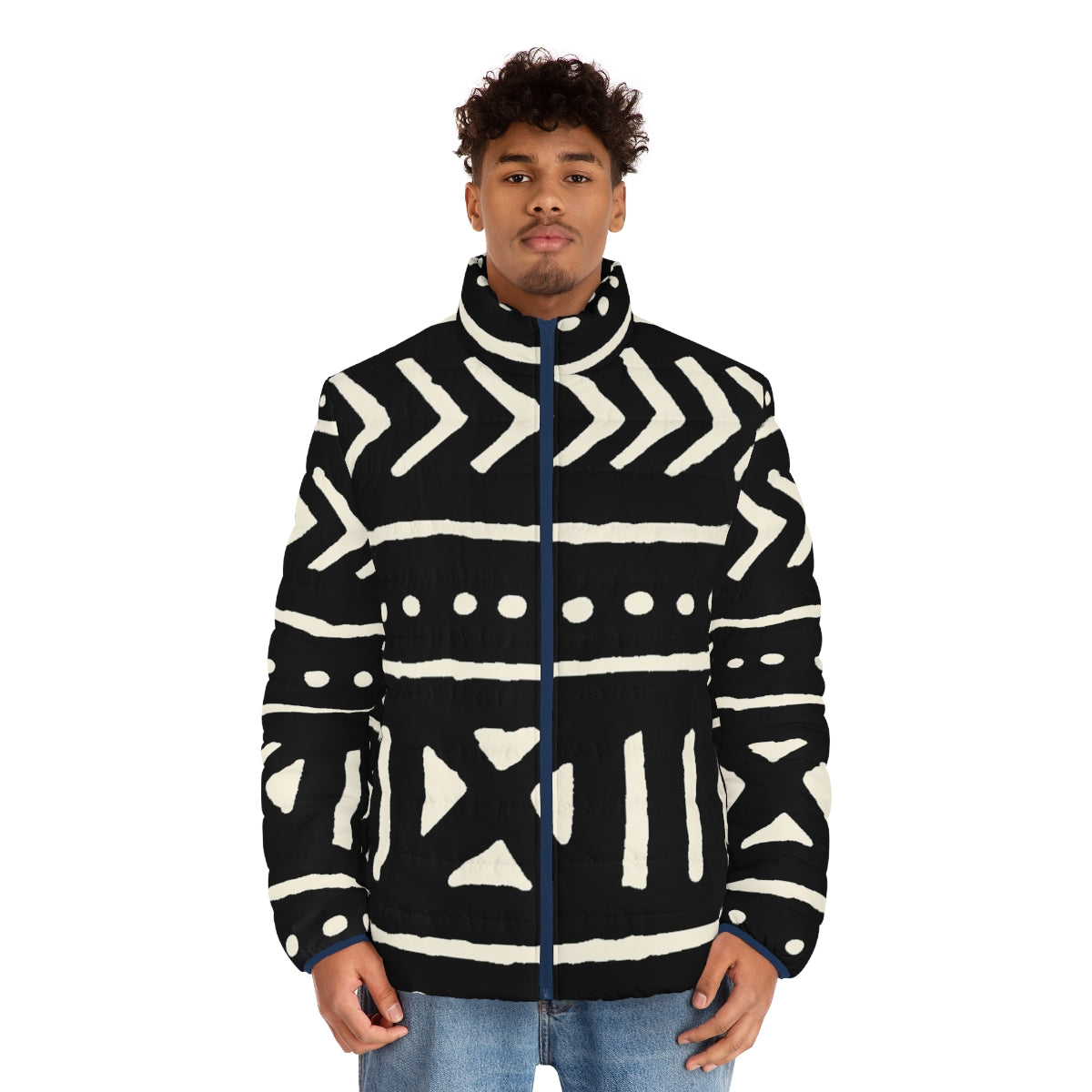 African Mud Cloth Black and White Puffer Jacket - men front