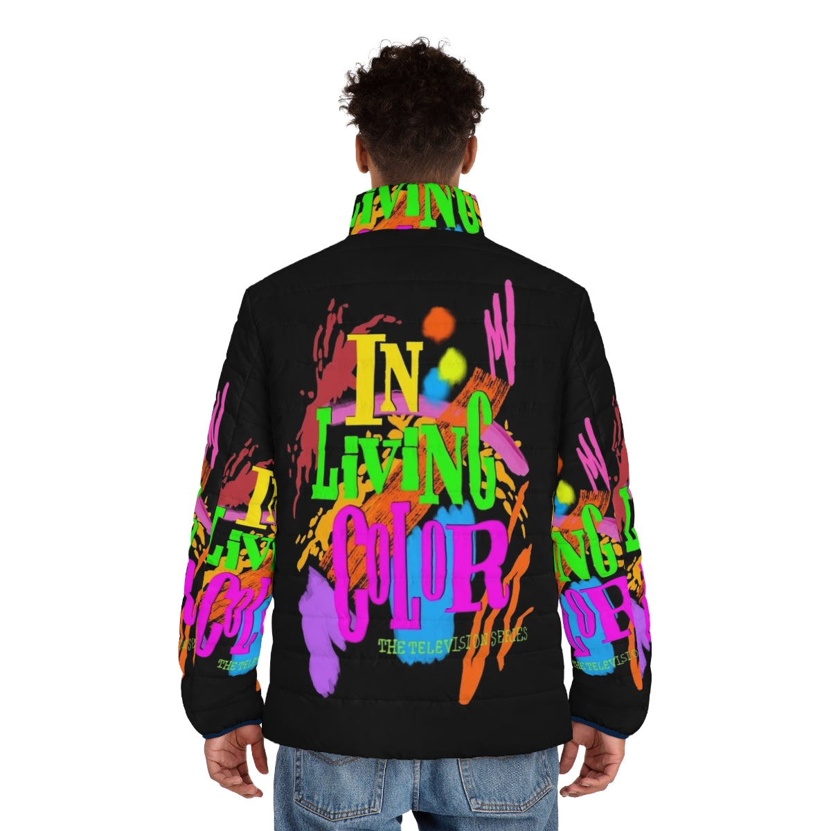 Vibrant 90's inspired puffer jacket featuring "In Living Color" branding - men back