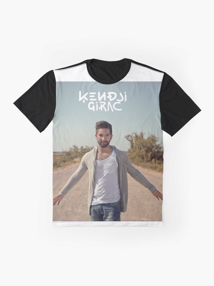 Kendji Girac, a French singer of Gitano origin, featured on a graphic t-shirt design. - Flat lay