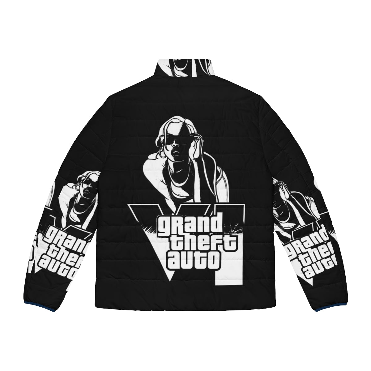 Grand Theft Auto themed puffer jacket with gaming inspired design - Back