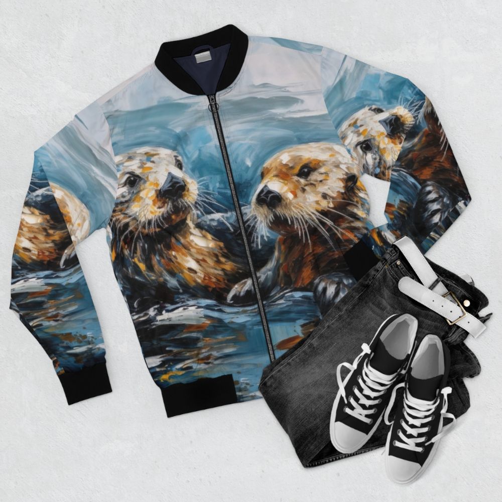 Finger painting design of cute sea otters on a bomber jacket - Flat lay