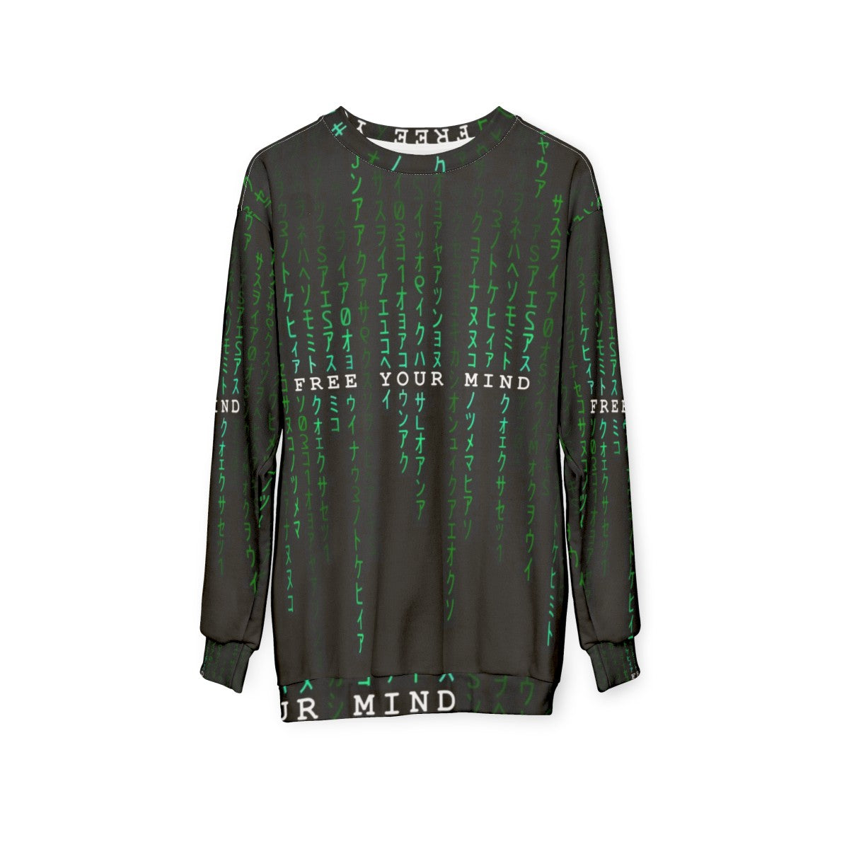 "Free Your Mind" sci-fi sweatshirt with digital rain design - hanging