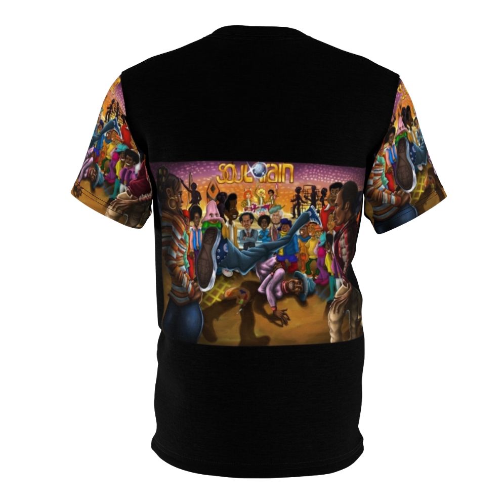 Colorful and lively Soul Train inspired t-shirt design with retro disco and breakdancing elements. - Back