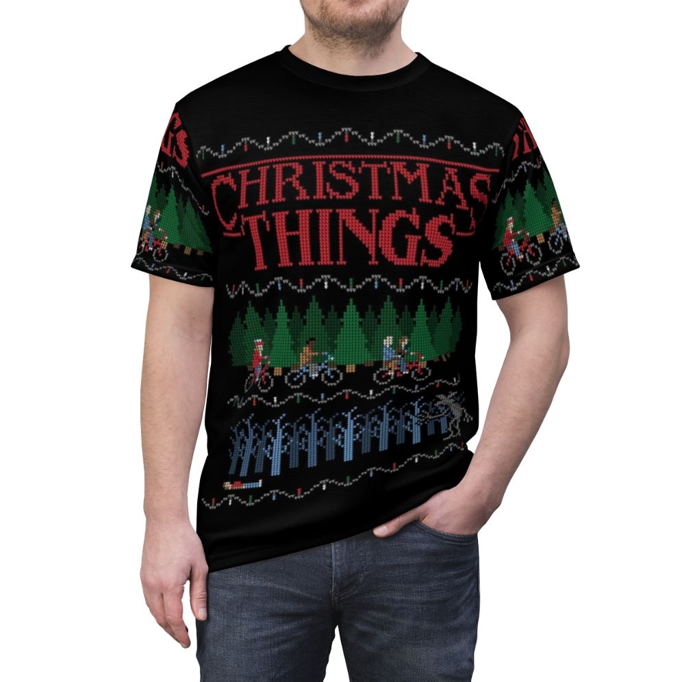 Festive Christmas sweater design printed on a high-quality t-shirt - men front