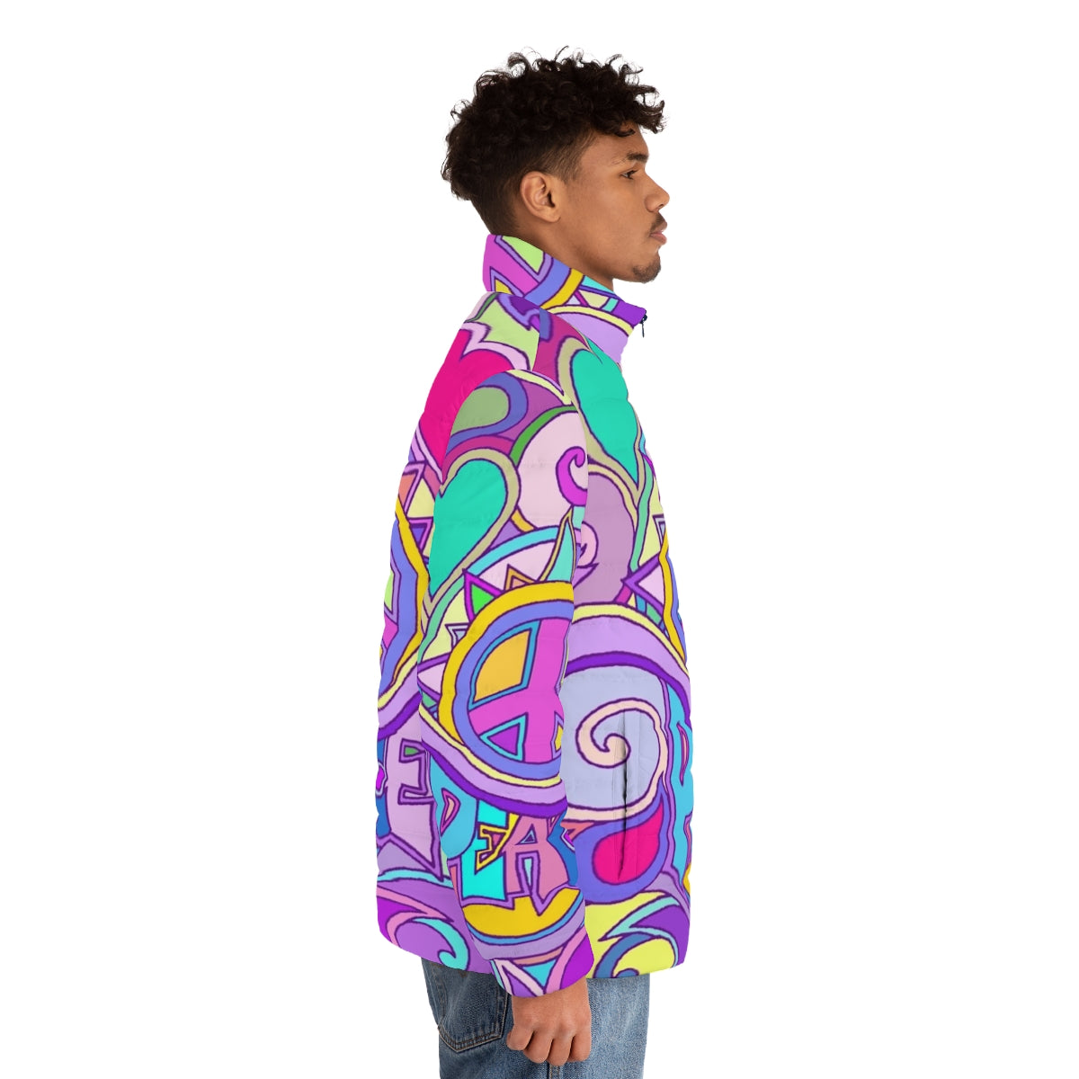 Colorful psychedelic retro puffer jacket with flower power graphics - men side right