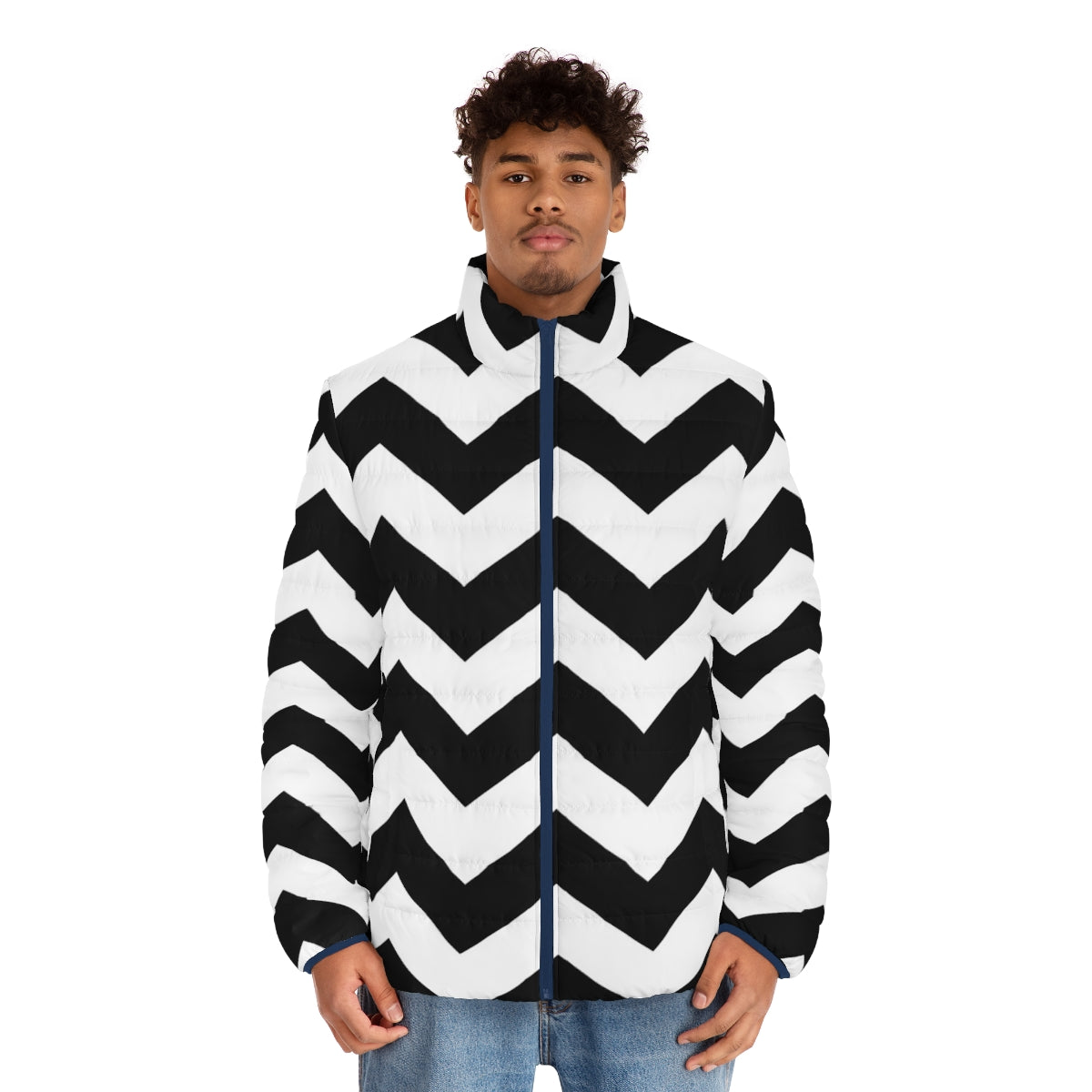 Black and white zig zag puffer jacket with a modern, geometric pattern - men front