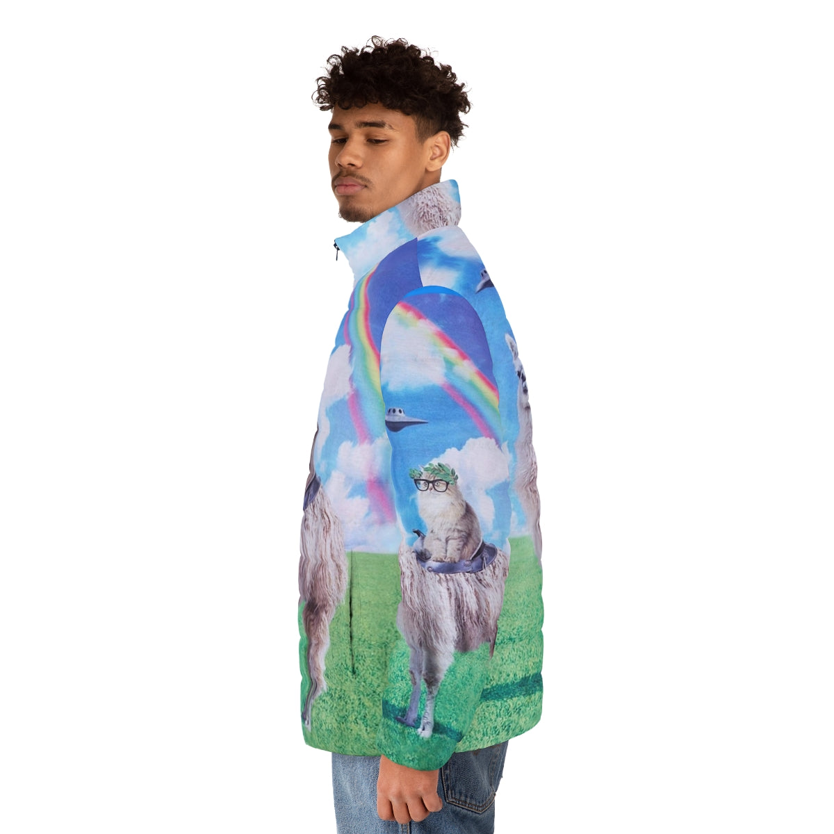 A colorful puffer jacket featuring a cat riding a llama unicorn in a space-themed design with rainbows and UFOs. - men side left