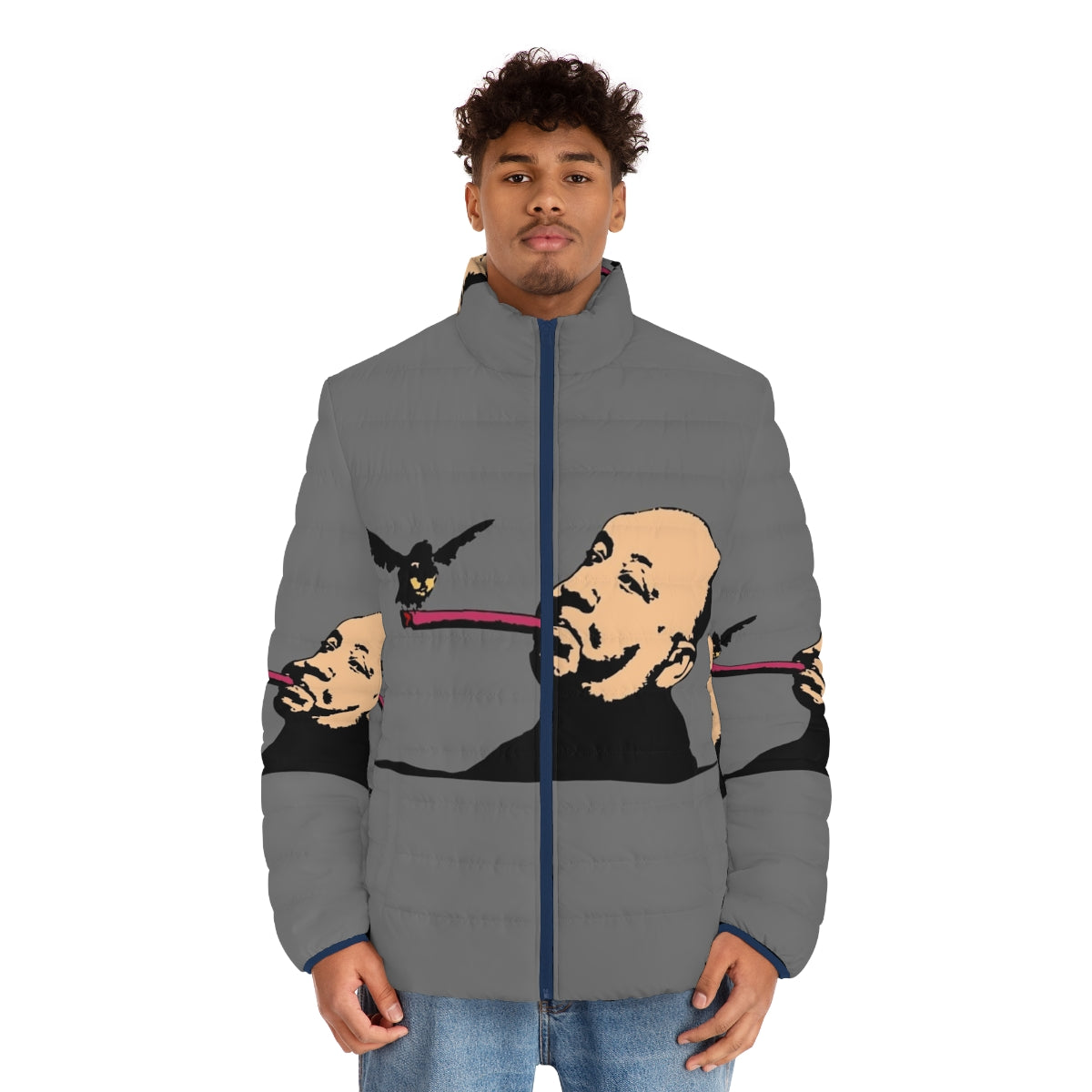 Alfred Hitchcock inspired puffer jacket with bold bird and cigar design - men front