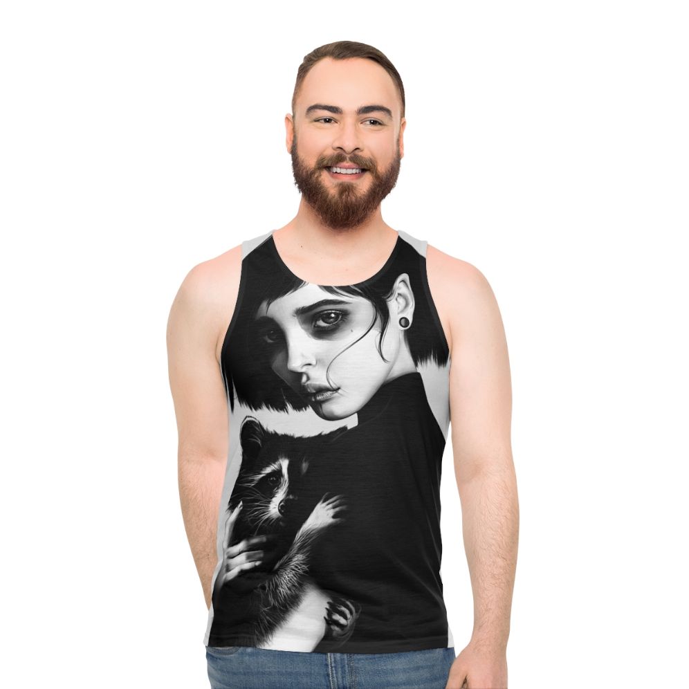 Realistic black and white raccoon portrait pencil art unisex tank top - men