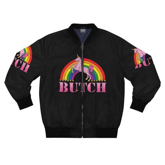 Butch bomber jacket in rainbow colors with pride flag design for LGBTQ+ fashion