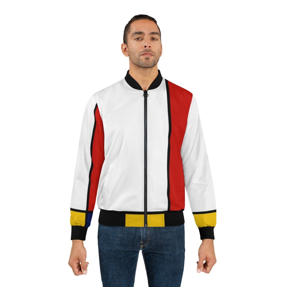 Colorful Mondrian-inspired geometric pattern bomber jacket - Lifestyle