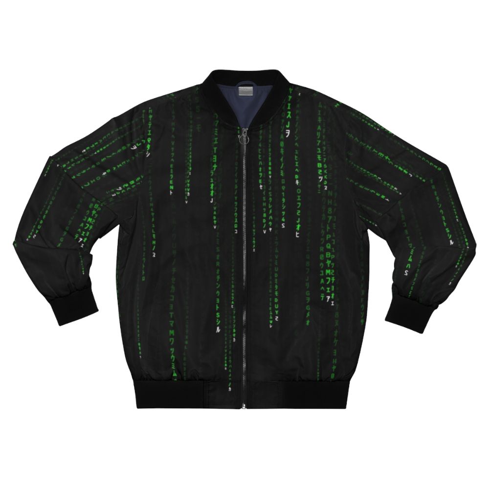 Matrix-inspired coded bomber jacket in green