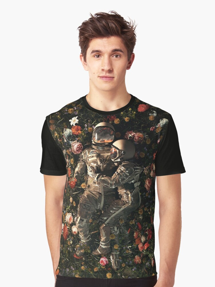 Surreal space-themed graphic t-shirt with floral and cosmic design elements - Men