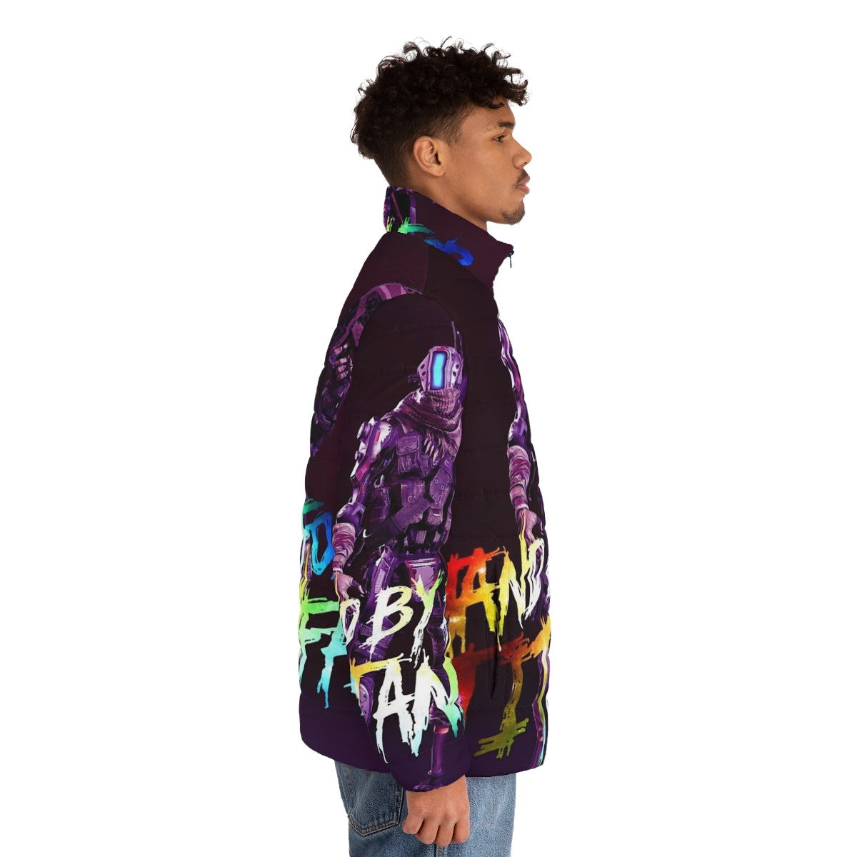 A 4K puffer jacket featuring a holographic pilot design, perfect for sci-fi and video game fans. - men side right