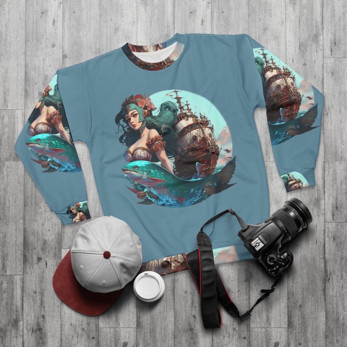 Mythical sea creatures sweatshirt featuring whimsical fantasy ocean beasts - flat lay