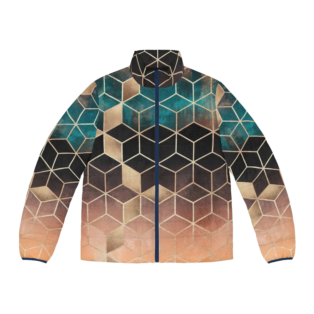 Ombre Dream Cubes Geometric Puffer Jacket with a modern, abstract cube pattern