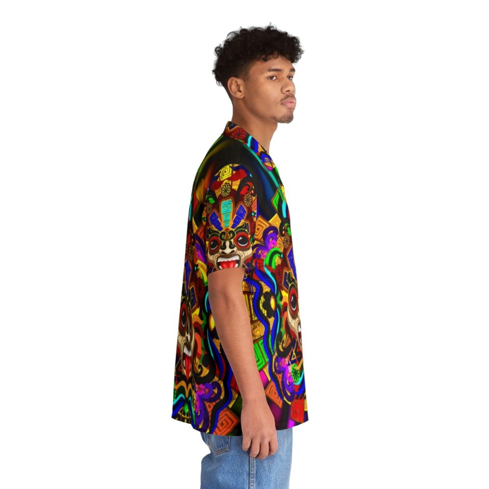 Colorful Aztec warrior mask print on a Hawaiian style shirt - People Pight