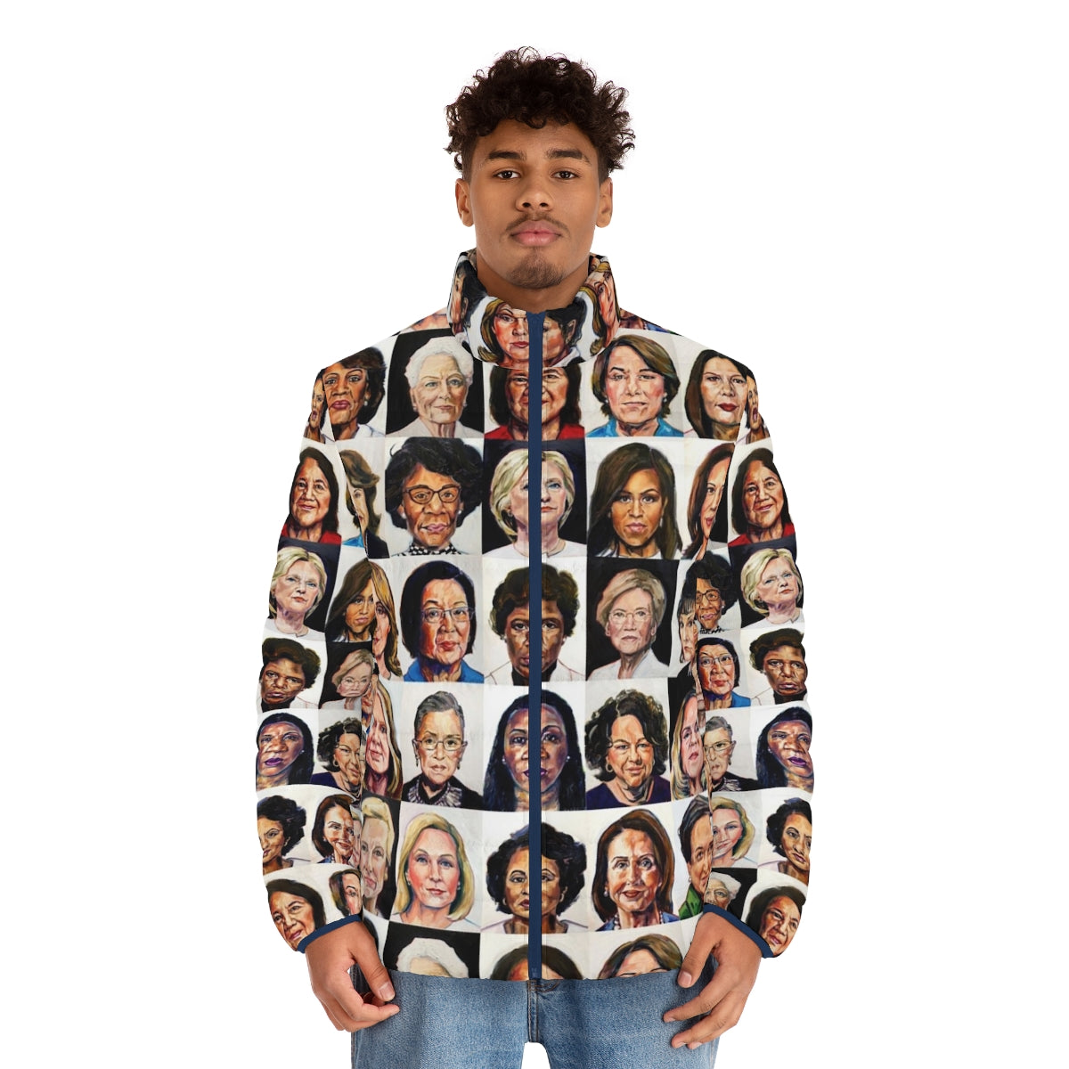 Sheroes 2020 Puffer Jacket with "Feminist" and "Democrat" tags - men front