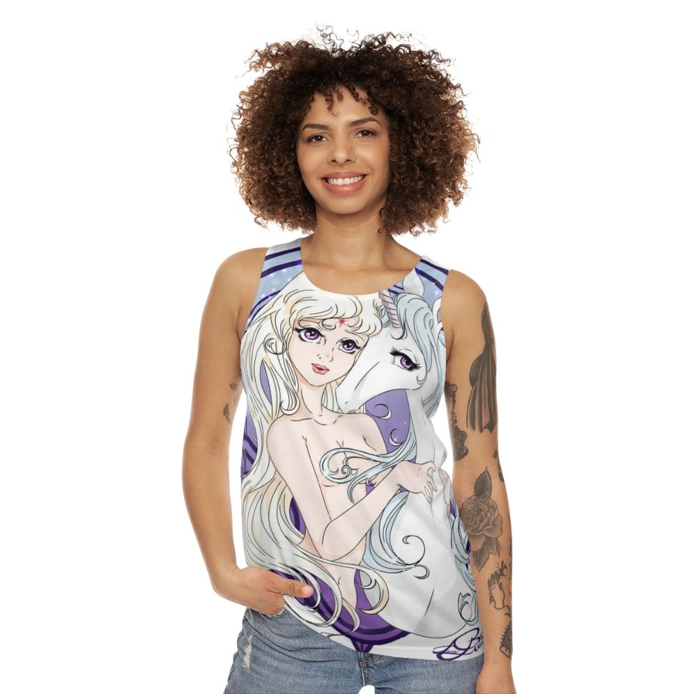 Unisex unicorn tank top featuring two versions of the fantasy classic "The Last Unicorn" - women