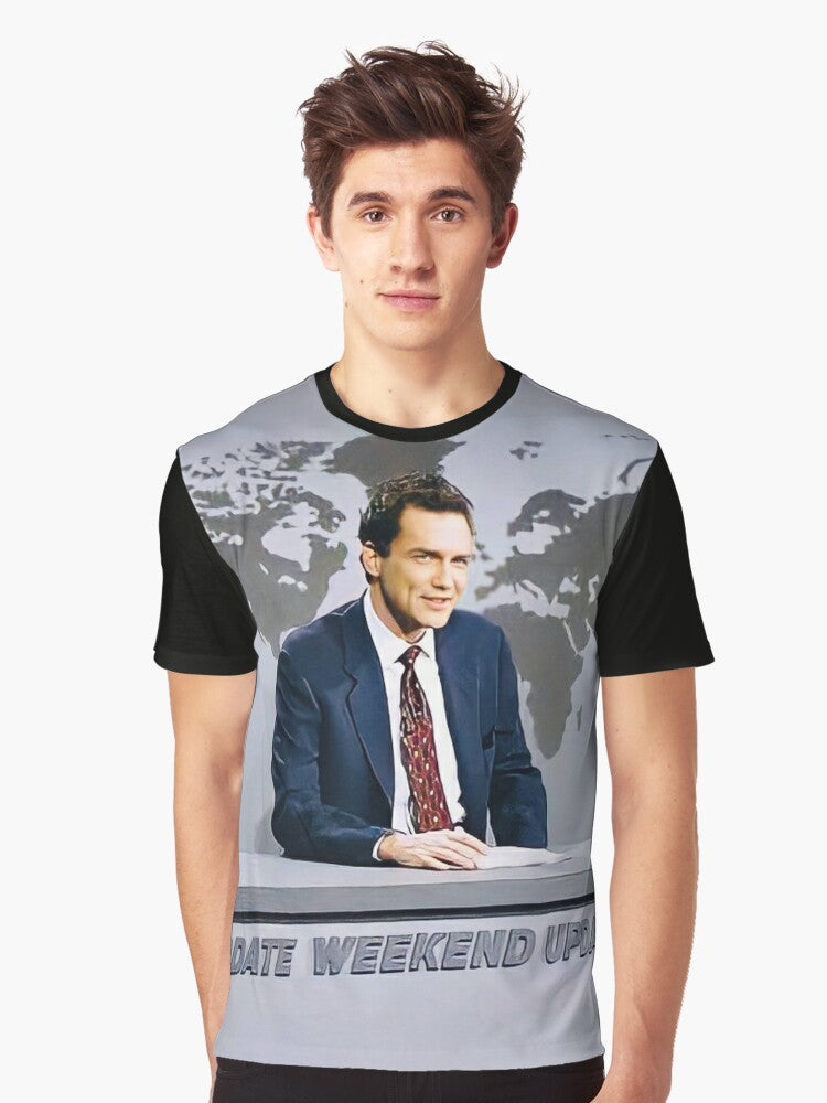 Norm Macdonald wearing a suit and tie while seated at a news desk, graphic t-shirt design - Men