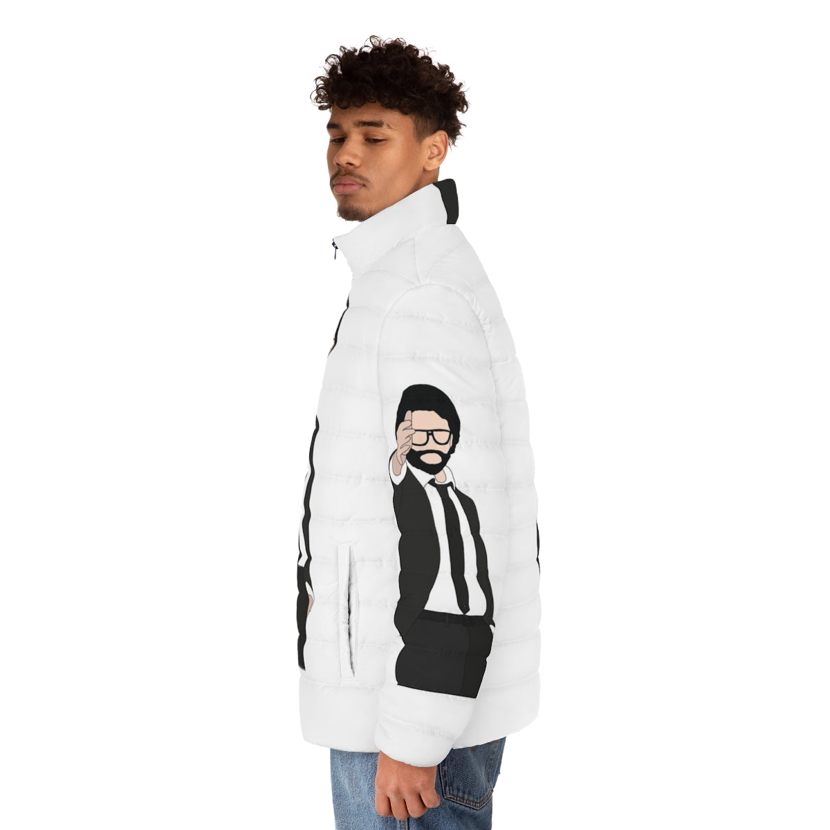 The Professor Money Heist 2 Puffer Jacket featuring characters from the Netflix series - men side left