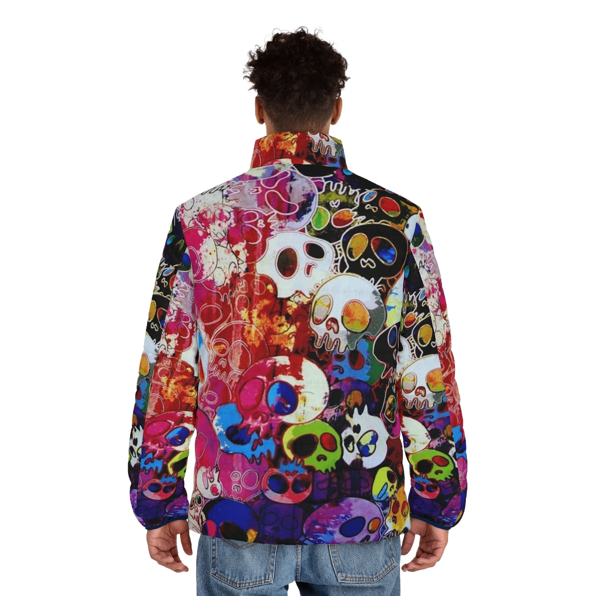 Colorful rainbow skull puffer jacket featuring Takashi Murakami's iconic flower design - men back