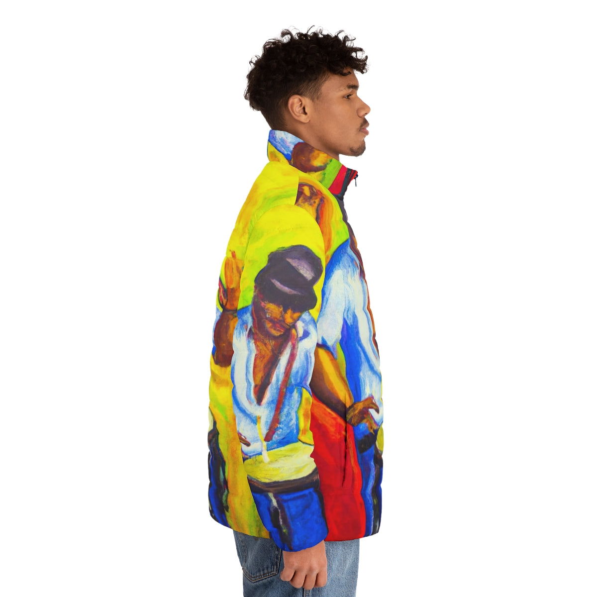 Colorful puffer jacket with oil painting design featuring rumba and latin music elements - men side right