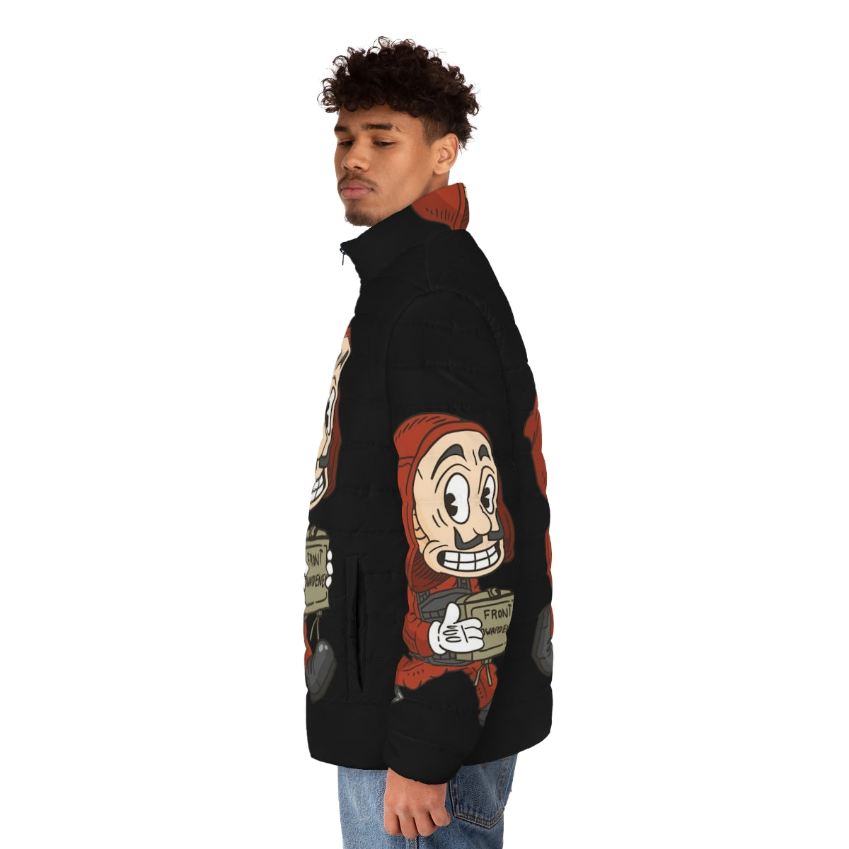 Vintage Cartoon Style Money Heist Puffer Jacket - men side left