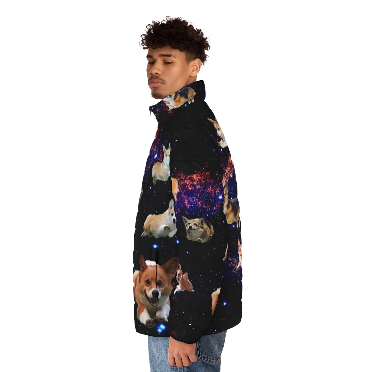 A colorful puffer jacket featuring a cute corgi in an outer space, cosmic design. - men side left