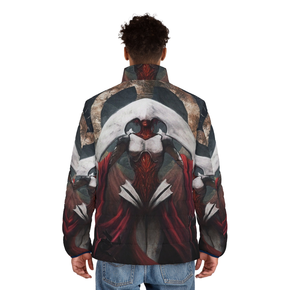 Elesh Norn inspired fantasy puffer jacket with red landscape design - men back