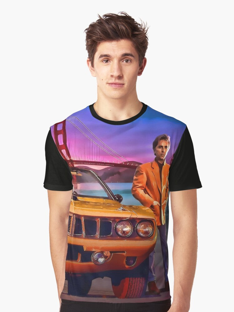 Nash Bridges San Francisco Graphic T-Shirt with Vintage Police Car, Golden Gate Bridge, and Sunset - Men