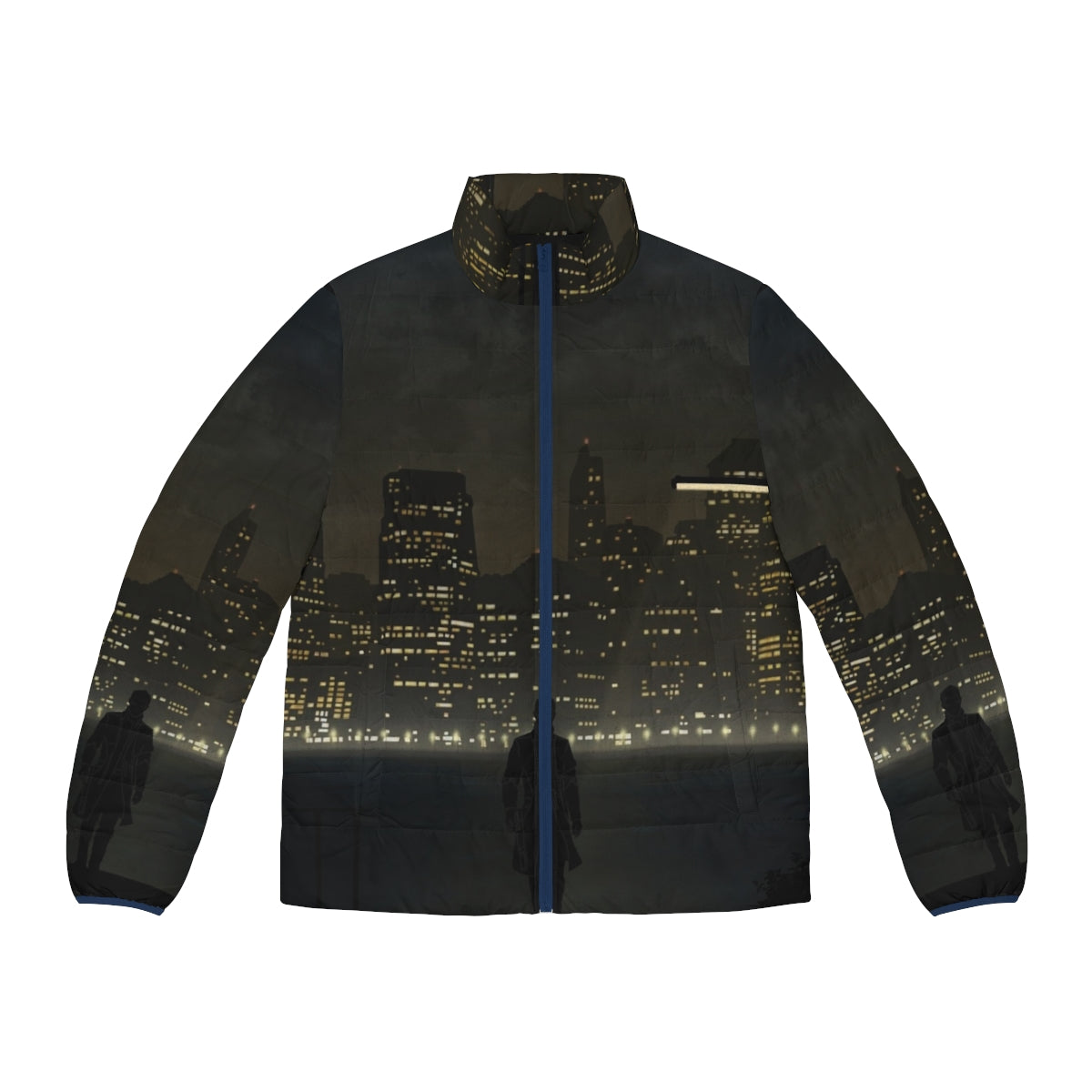 Deus Ex cyberpunk-inspired puffer jacket with warriors and landscapes design