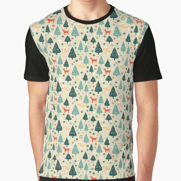 A festive Christmas-themed t-shirt with a seamless graphic design featuring trees and reindeer.