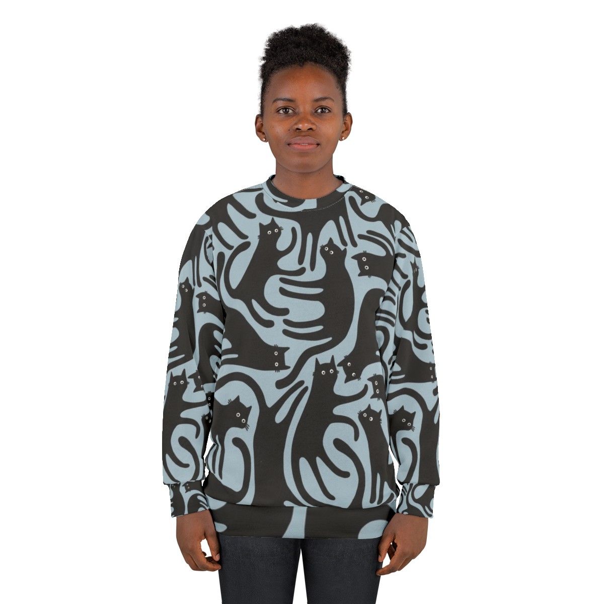 Blue sweatshirt with a modern black cat print design - women