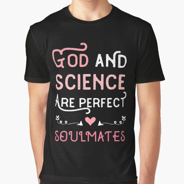 Graphic t-shirt design featuring the text "Believe in Science and God" with a Christian cross and religious symbols.