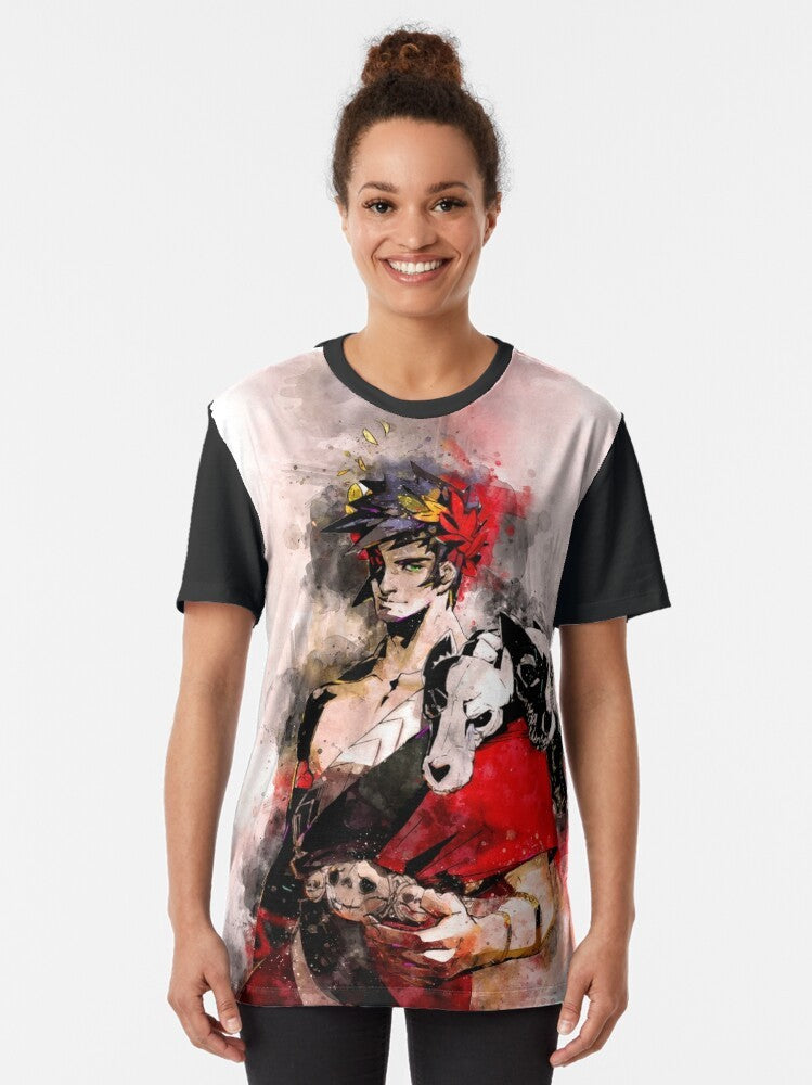 Watercolor graphic t-shirt featuring the character Zagreus from the video game Hades, inspired by Greek mythology. - Women