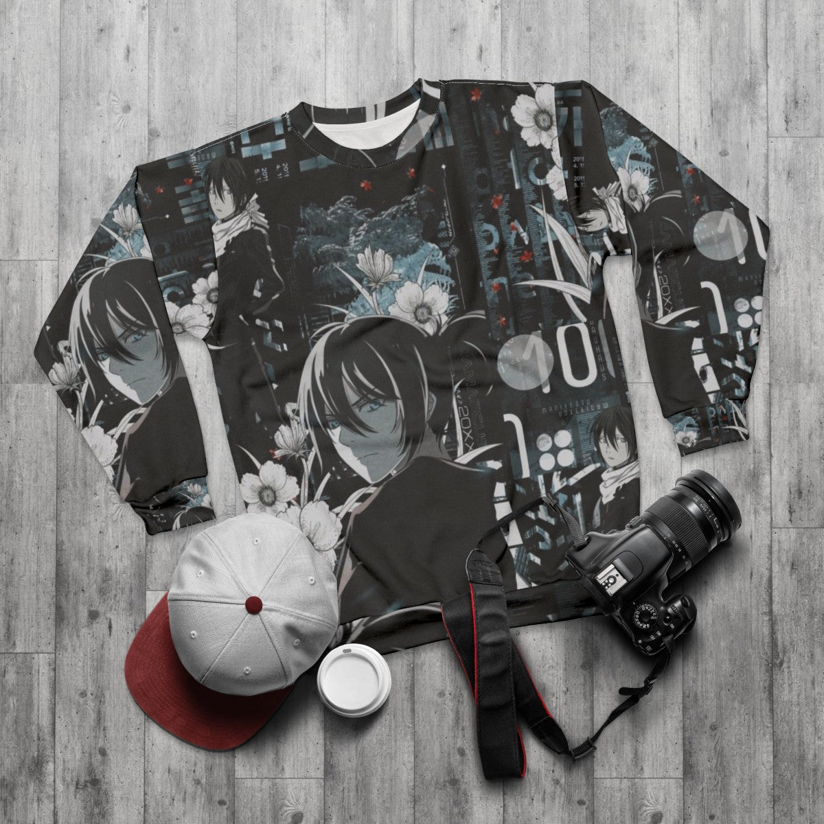 Noragami 5 anime sweatshirt with Yato, Yukine, and Hiyori design - flat lay