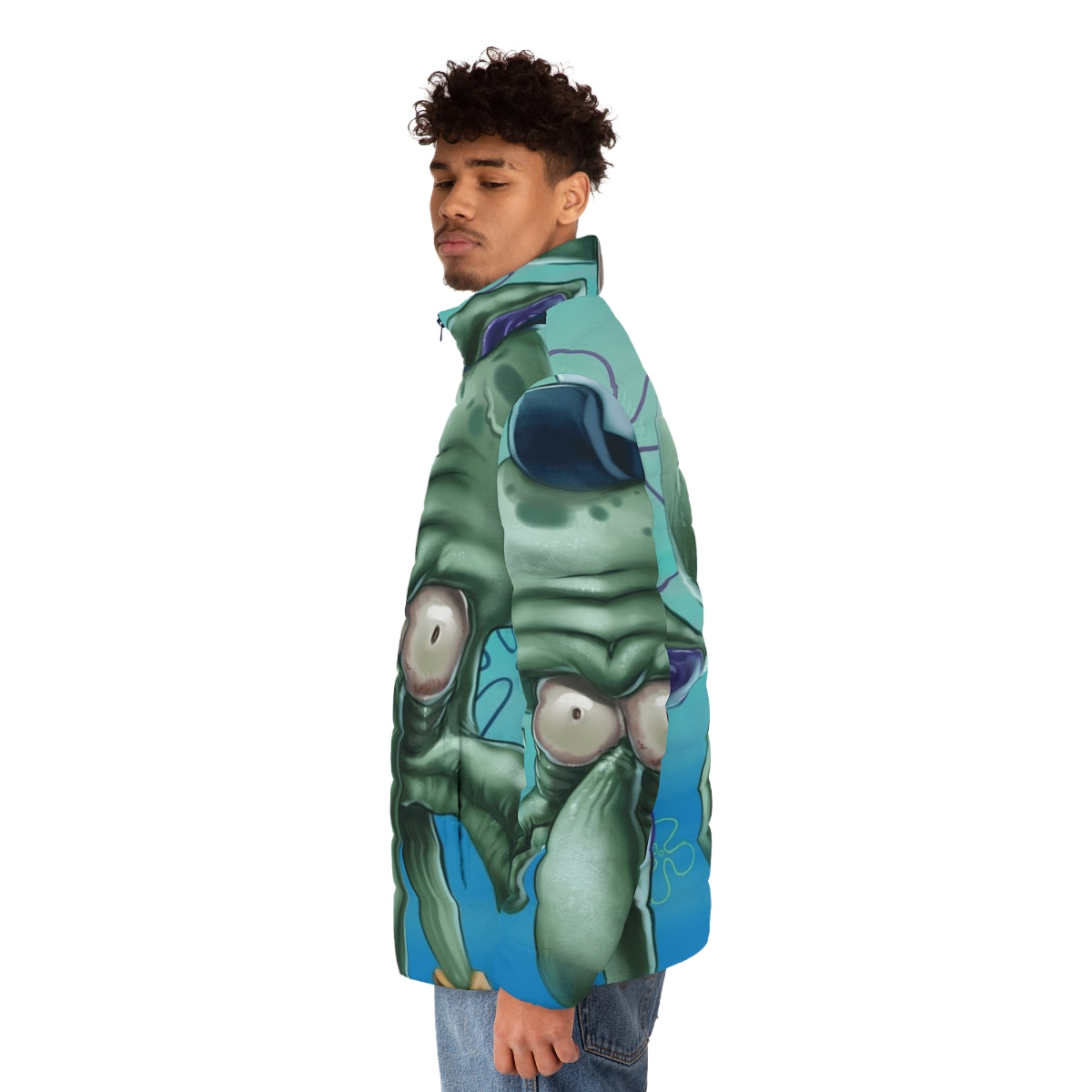 Spongebob-inspired puffer jacket with a "Look At Me" design - men side left